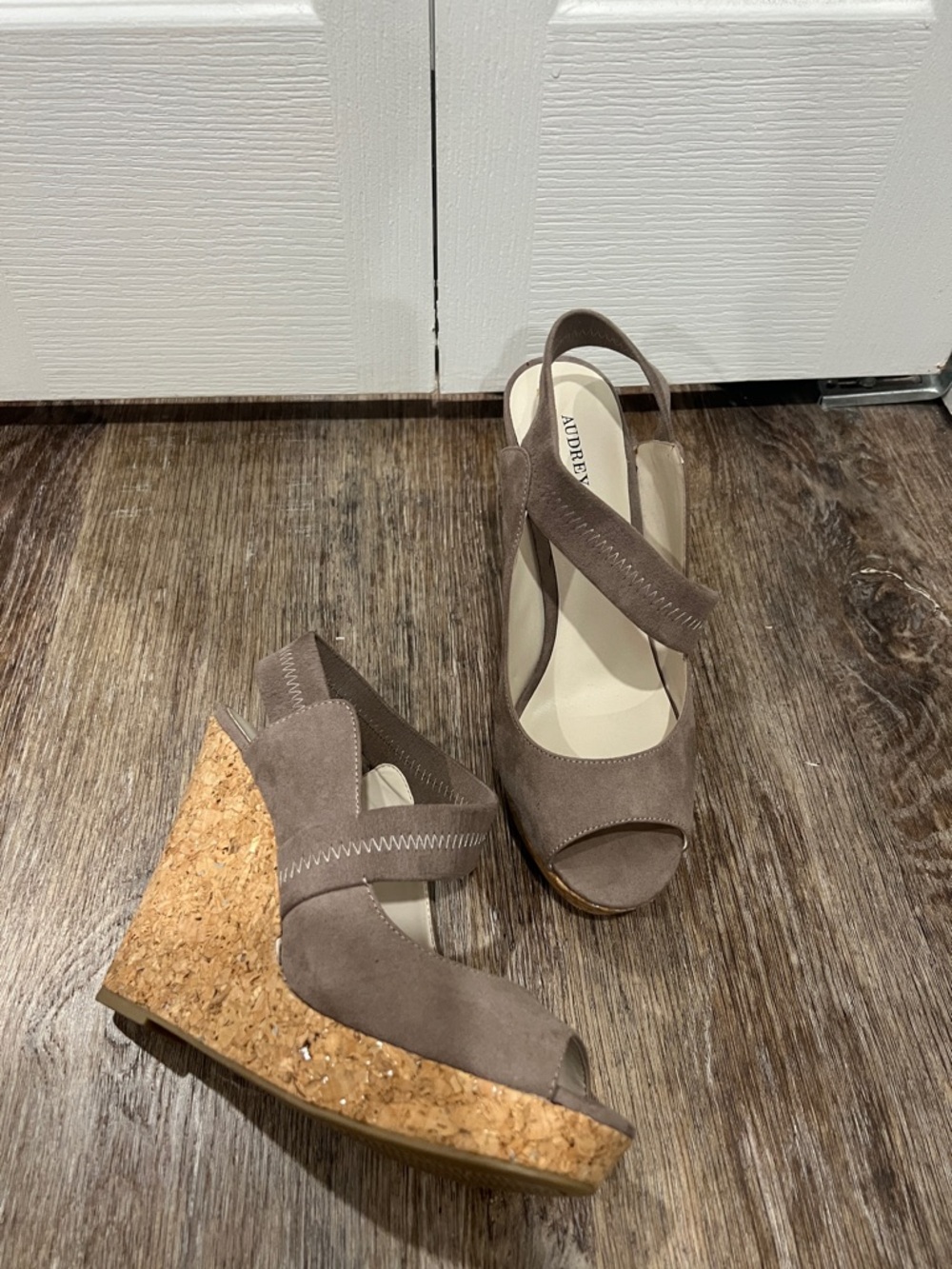 Audrey Brooke Taupe Suede Cork Wedge Slingback Sandals